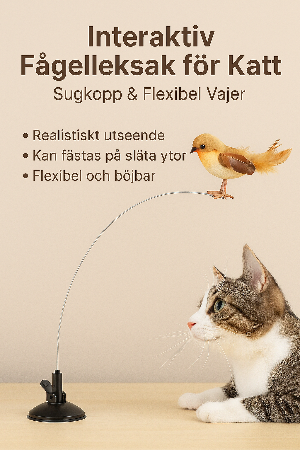 Interaktiv Fågel-leksak för Katt – Sugkopp & Flexibel Vajer